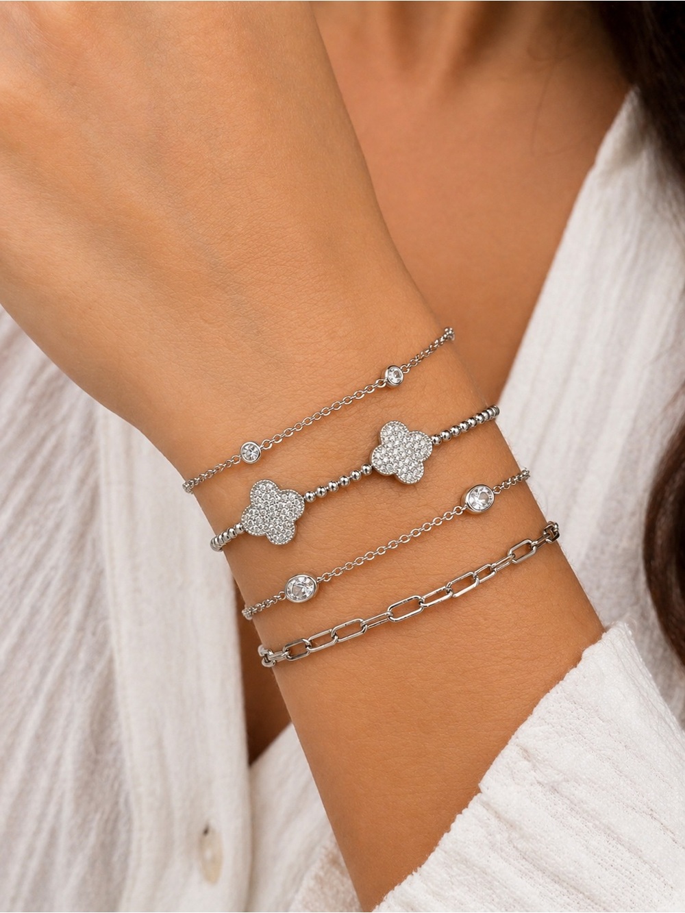 Guess Silver Tone CZ Pave Clover Layered Bracelet Set